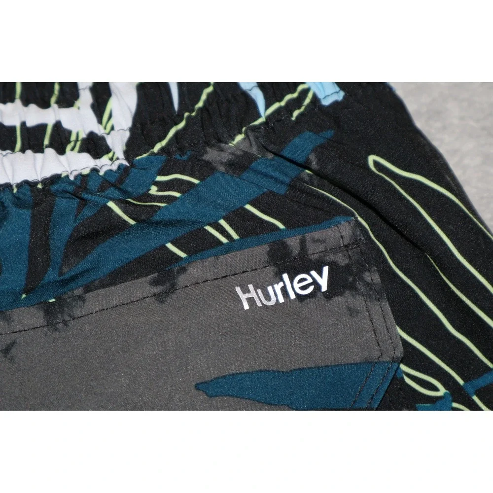 Hurley Swim Trunks Mens Medium Black Gray Blue Tie Dye Palm Leaf Board Shorts